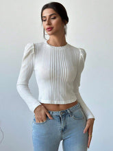 Women All-Match Casual Versatile Puff Sleeve Asymmetrical Texture Fitted White T-Shirt, Autumn
